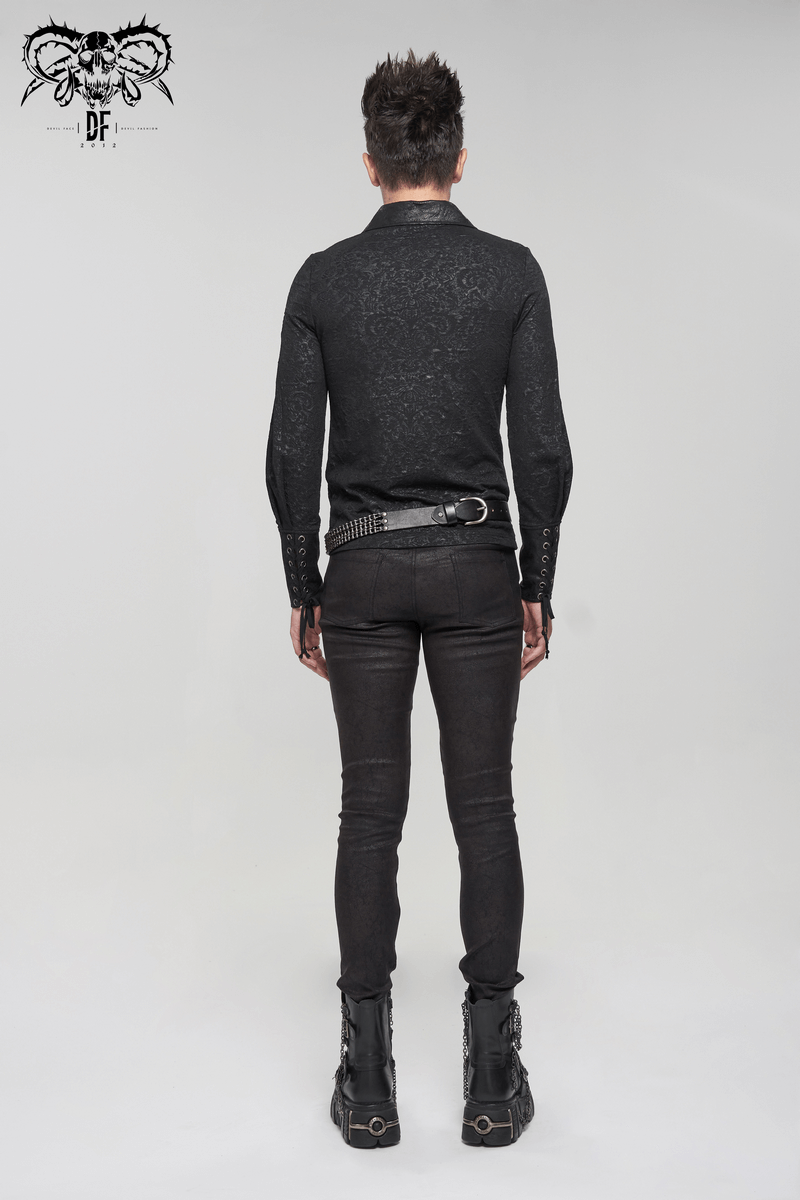 Men's gothic black lace-up shirt with vintage cut, showcased from the back.
