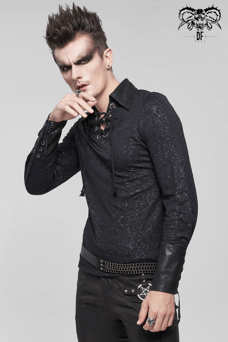 Gothic men's black shirt with lace-up collar, featuring vintage jacquard design and stylish model pose.