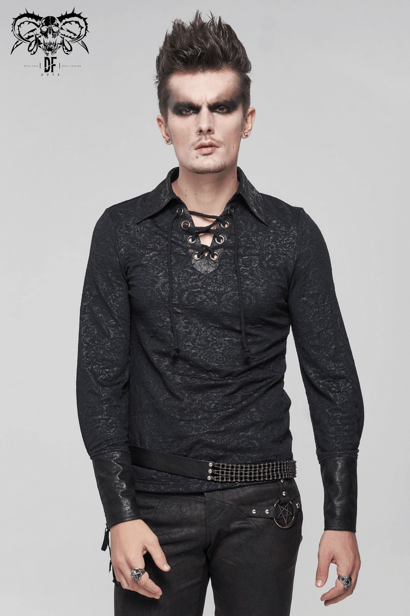 Gothic Turn-down Collar Strappy Shirt / Jacquard Long Sleeve Shirt with Lace Up - HARD'N'HEAVY