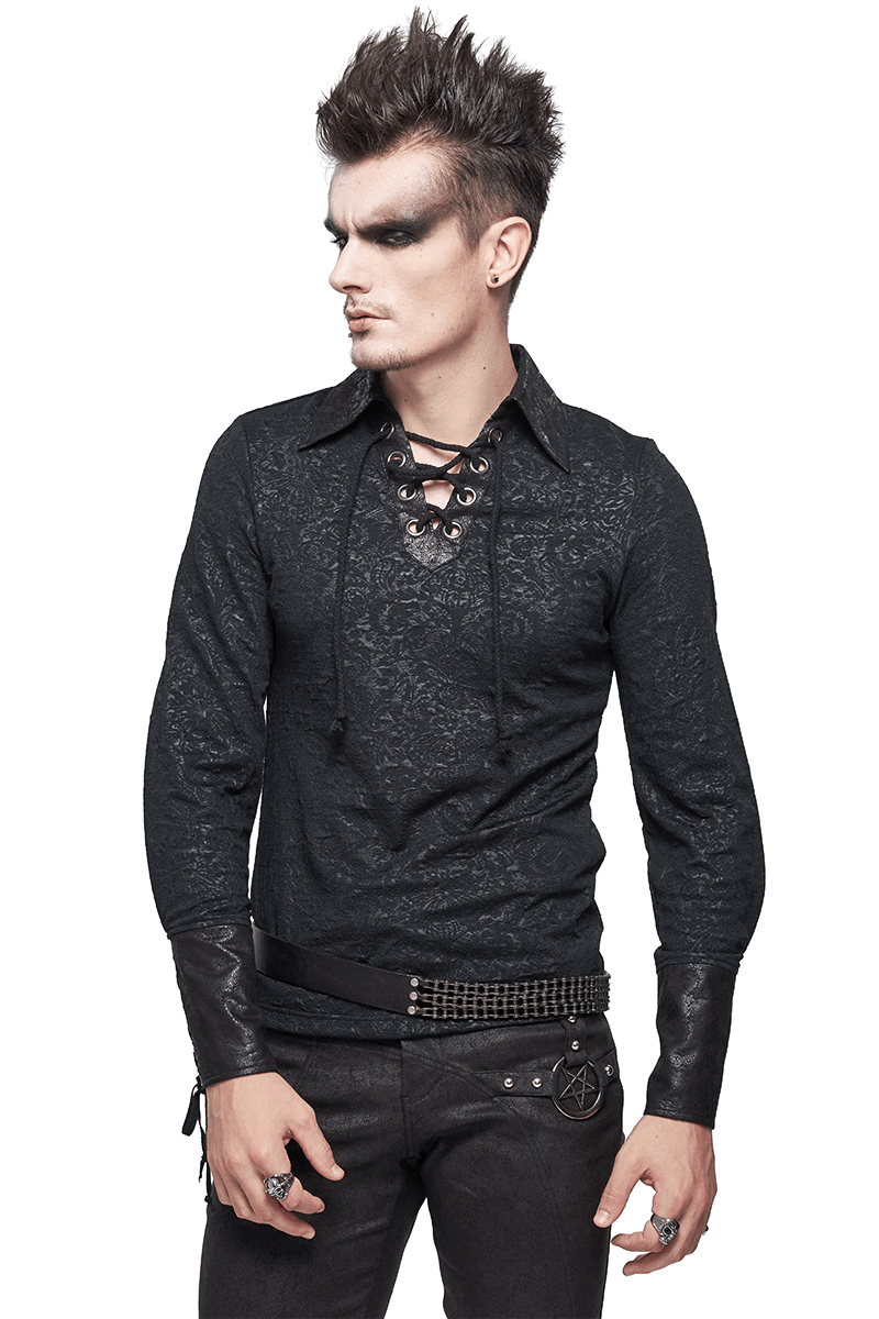 Gothic Turn-down Collar Strappy Shirt / Jacquard Long Sleeve Shirt with Lace Up - HARD'N'HEAVY