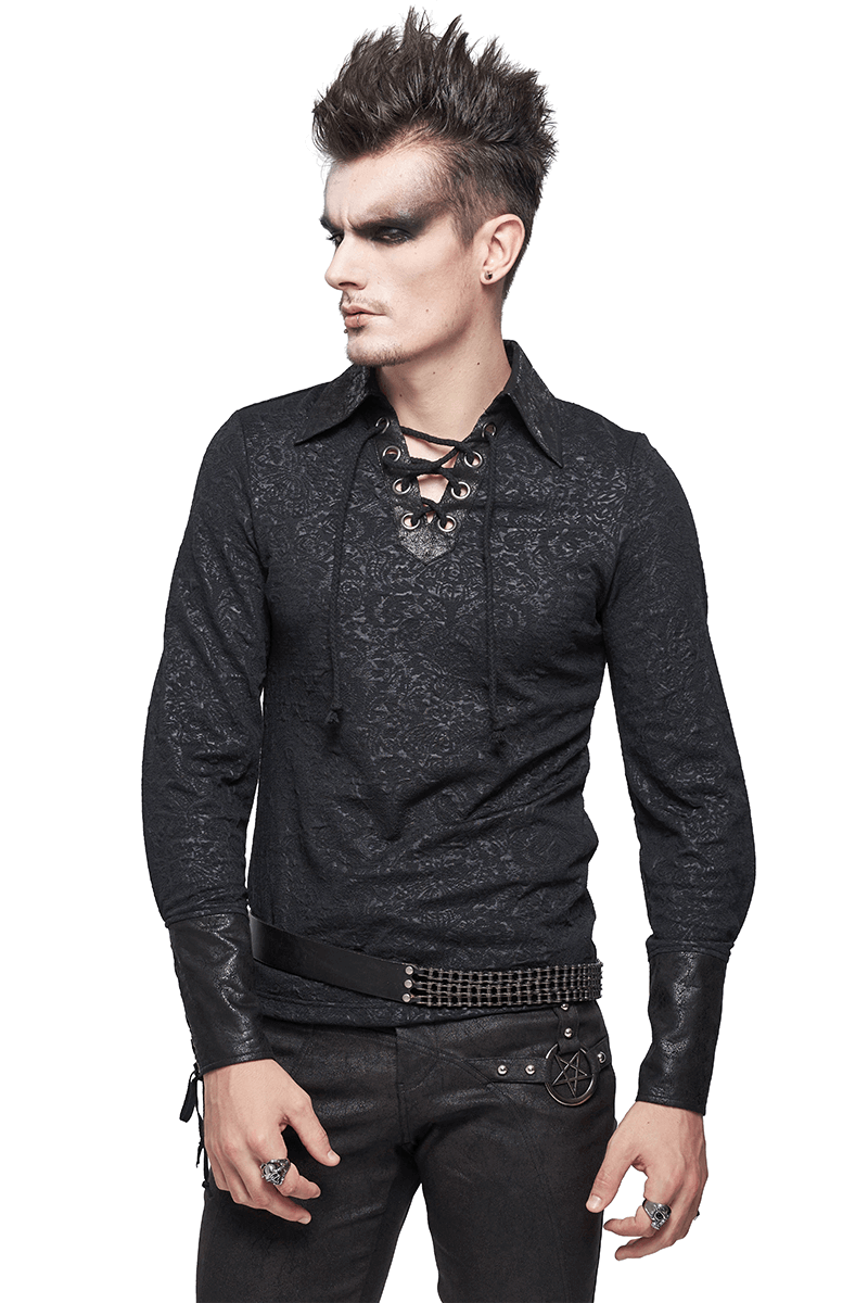Men's gothic black shirt with lace-up detail and vintage design, perfect for stylish dark fashion enthusiasts.