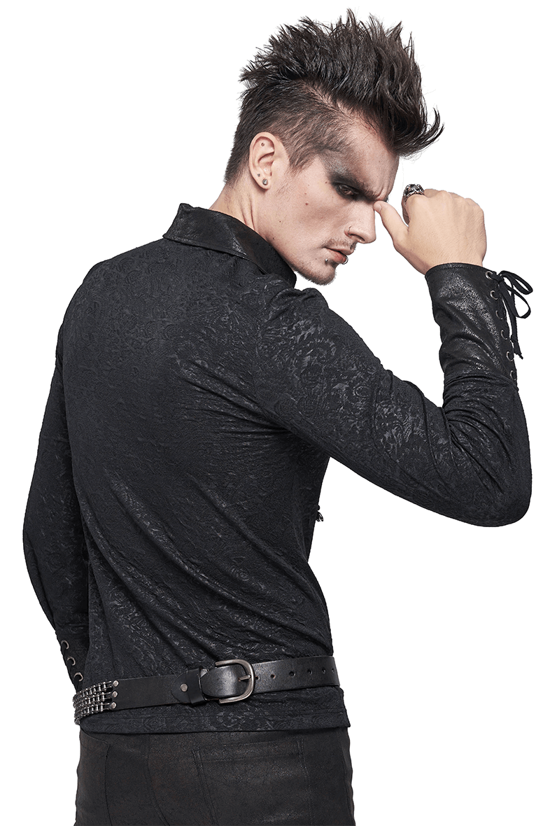 Gothic Turn-down Collar Strappy Shirt / Jacquard Long Sleeve Shirt with Lace Up - HARD'N'HEAVY