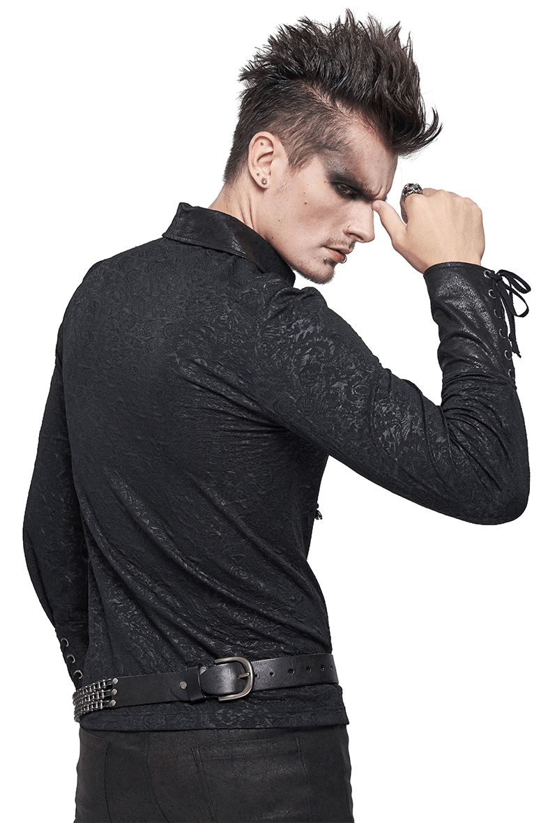 Men's gothic black jacquard shirt with lace-up detail and stylish collar, showcasing a unique vintage design.