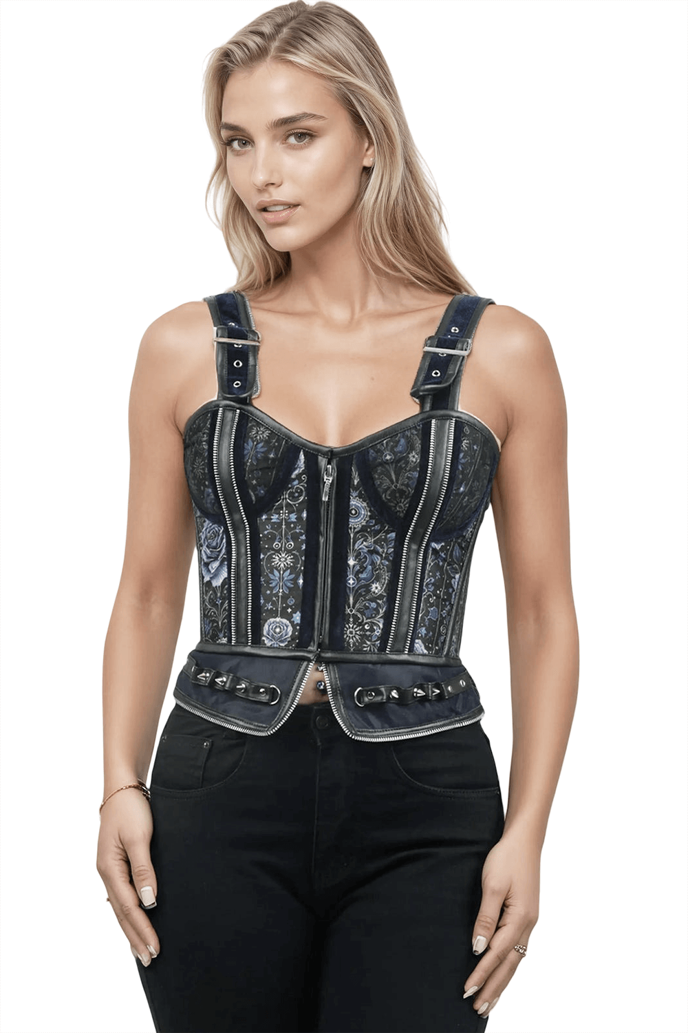 Gothic Twilight Overbust Corset with Zipper Straps showcasing sapphire tones and moonlit floral details.