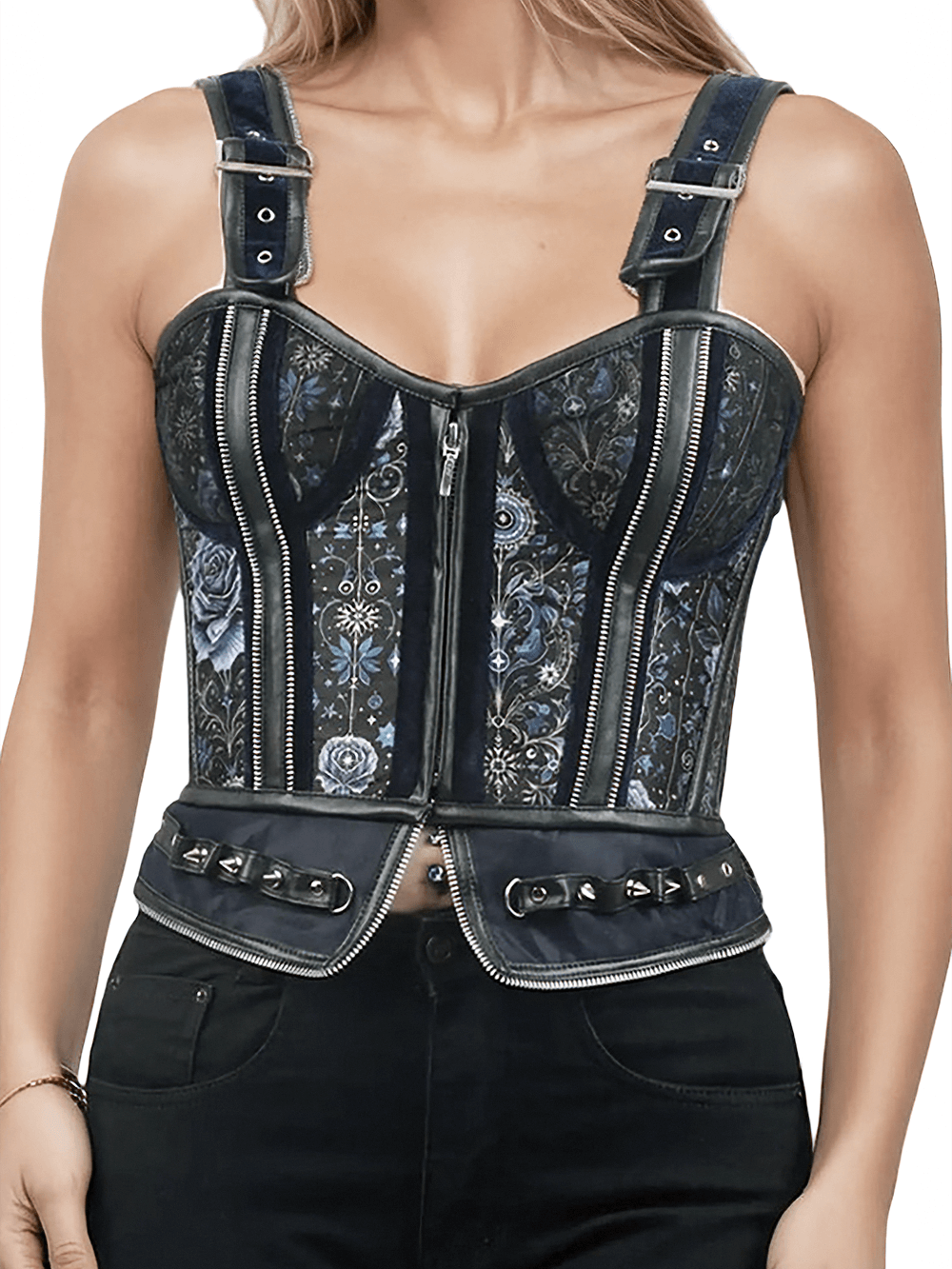 Gothic Twilight Overbust Corset with Zipper Straps showcasing moonlit florals and industrial detail.