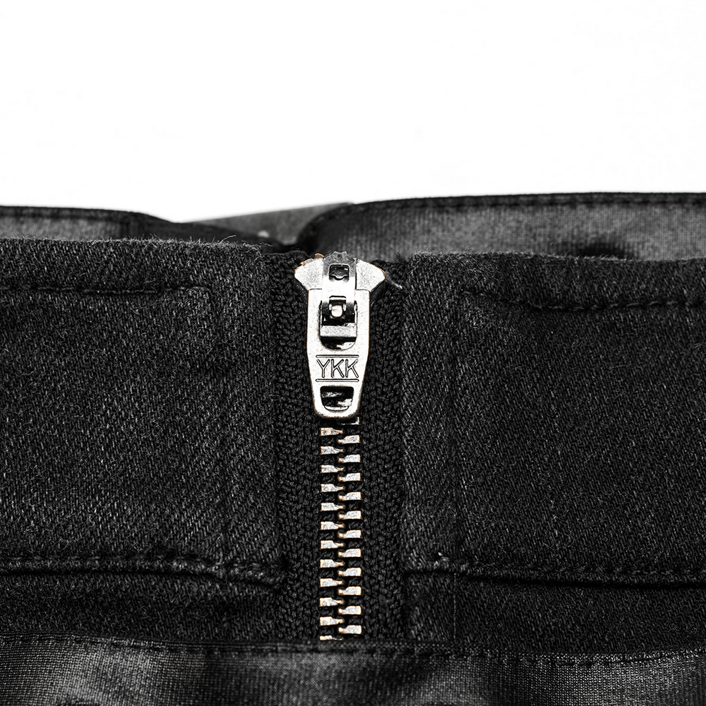 Close-up of YKK zipper featured on a gothic twill skirt, showcasing quality and durability for edgy style.