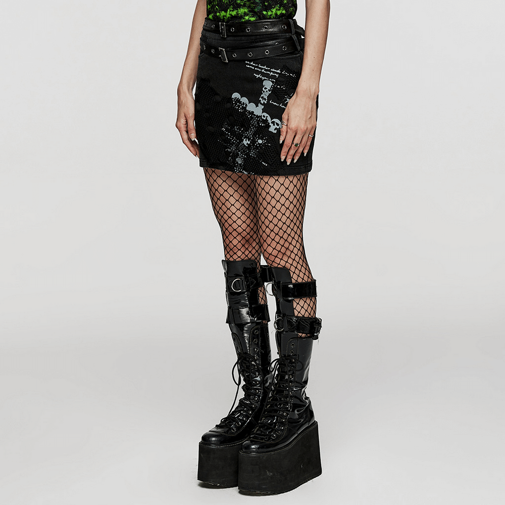 Gothic Twill and Mesh Female Skirt with Skull Print - HARD'N'HEAVY