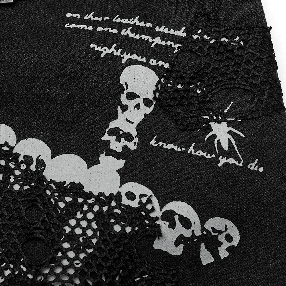 Gothic twill skirt featuring a skull print and lace detail, perfect for adding rock and roll edge to your style.