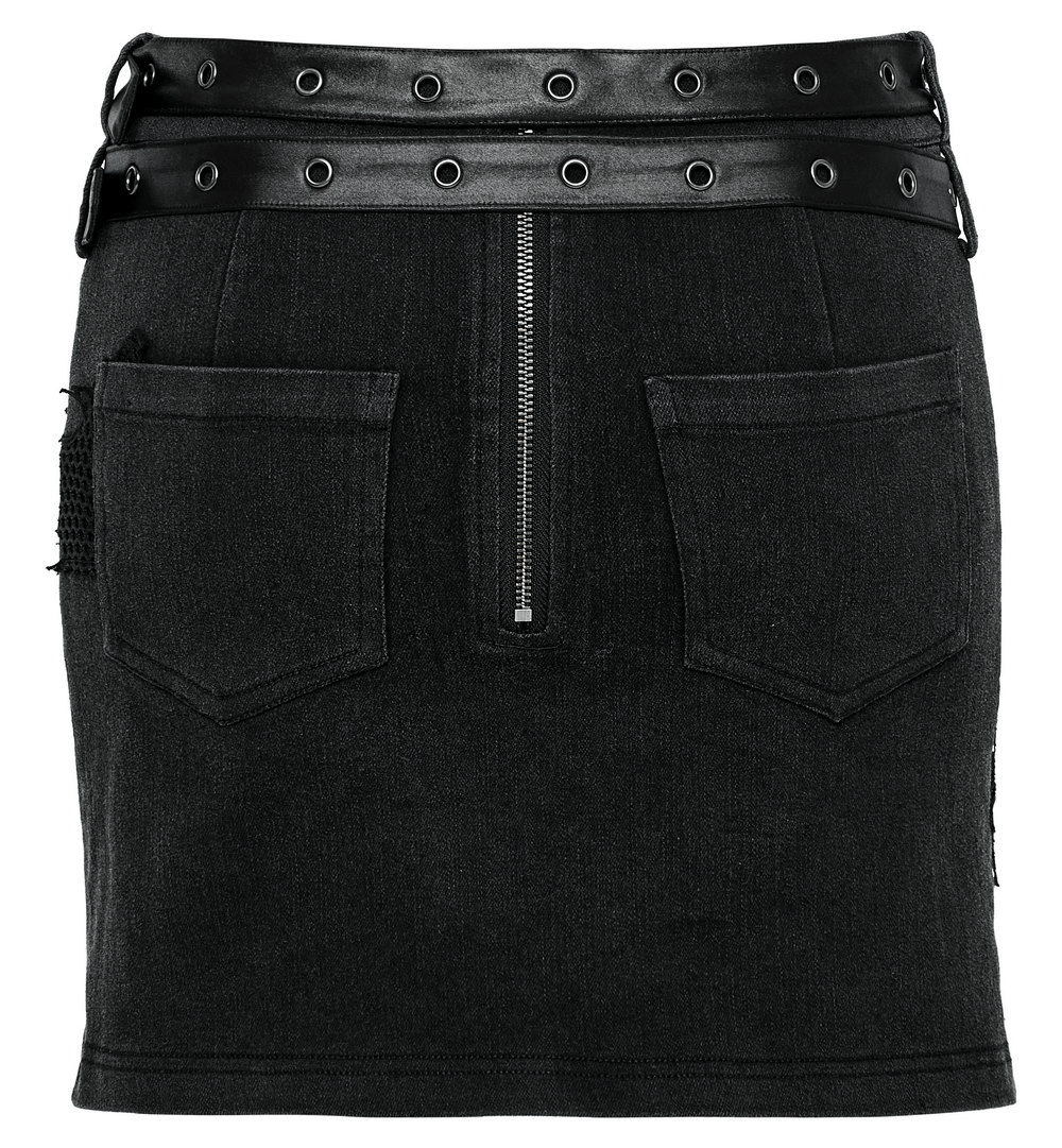 Gothic twill and mesh skirt with skull print and detachable rubberized belt for edgy rock style.