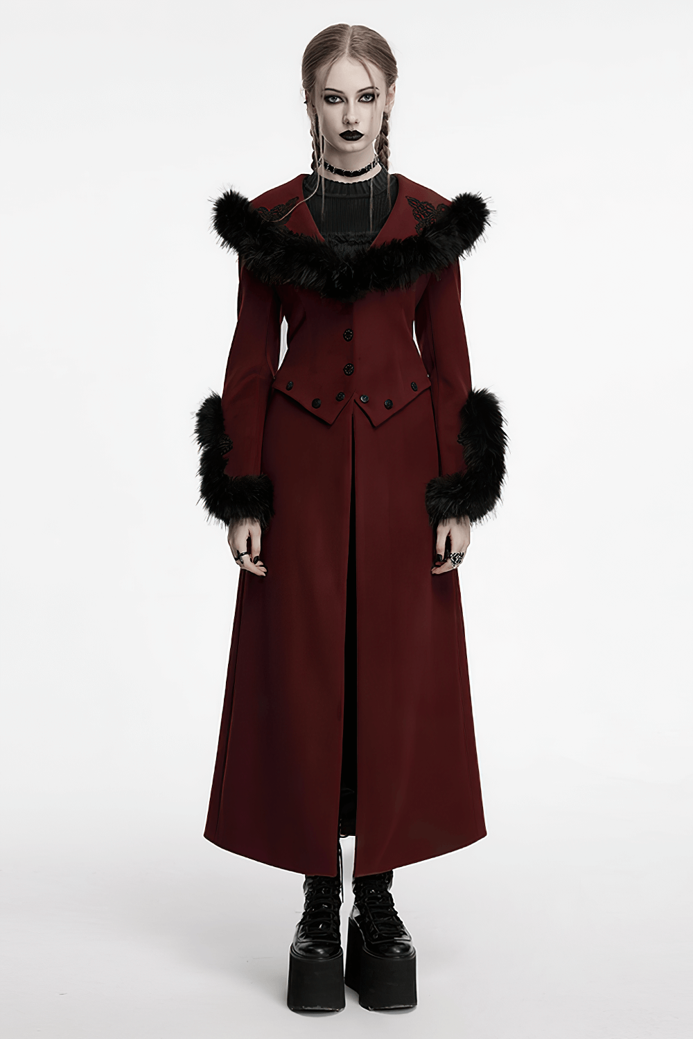 Elegant red gothic coat with fur collar, U-shaped cuffs, and adjustable waist for a perfect fit.
