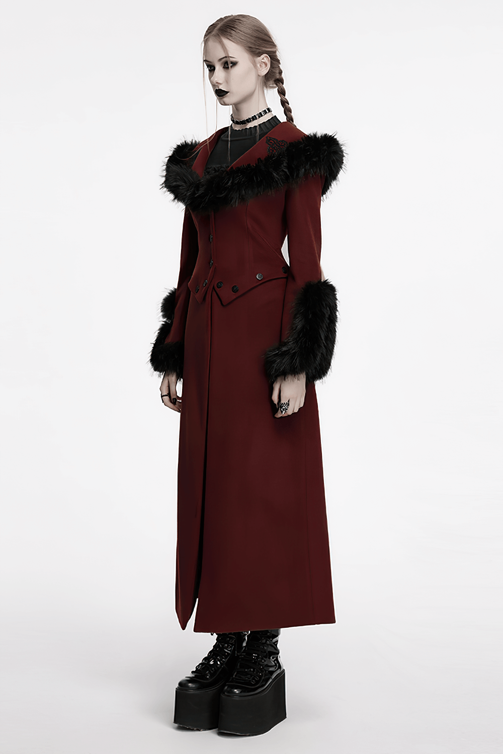 Gothic two-piece red coat with detachable hem and luxurious fur collar, showcasing U-shaped cuffs and adjustable waist.