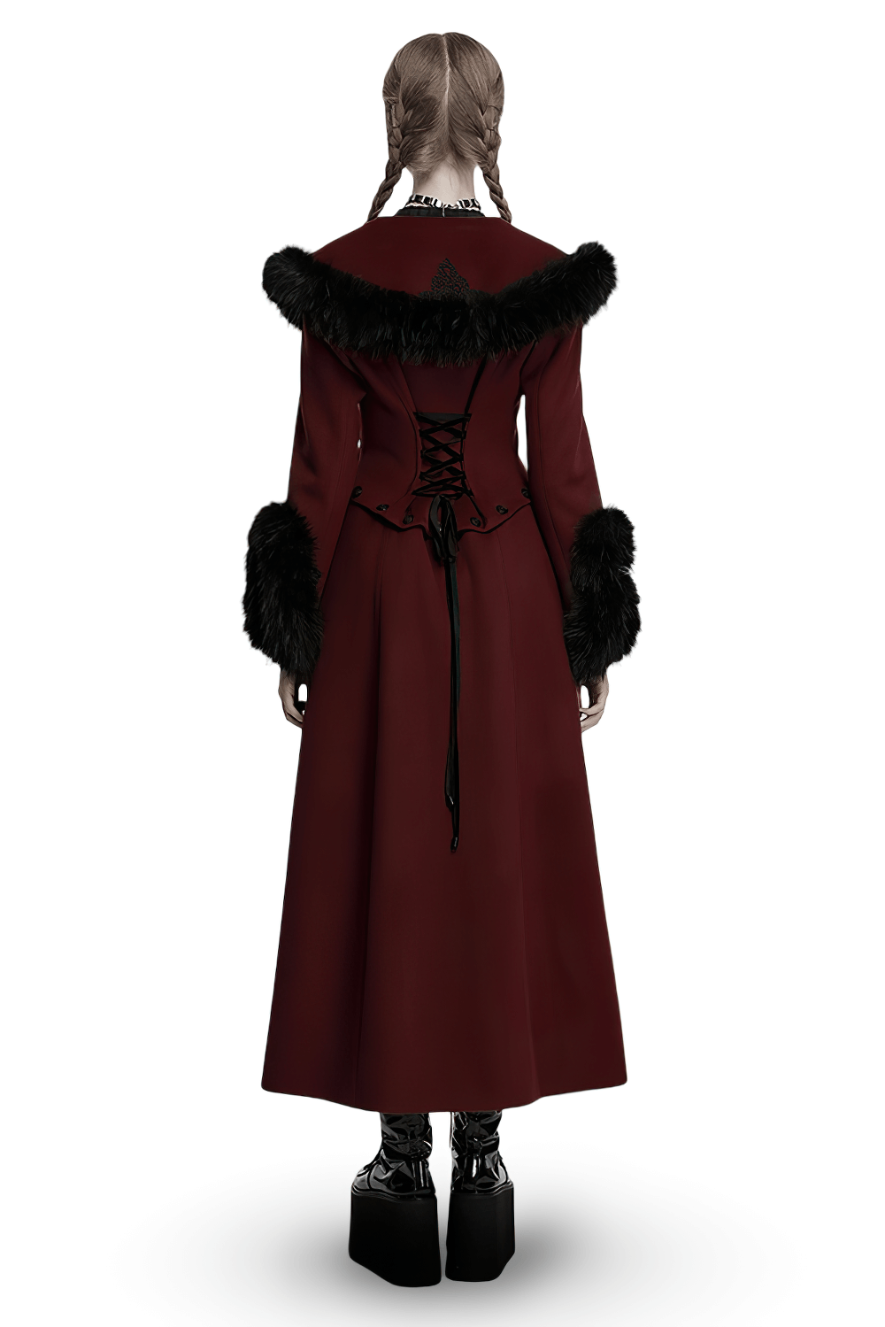 Back view of a gothic two-piece coat with fur collar, showcasing the adjustable waist and luxurious fabric details.