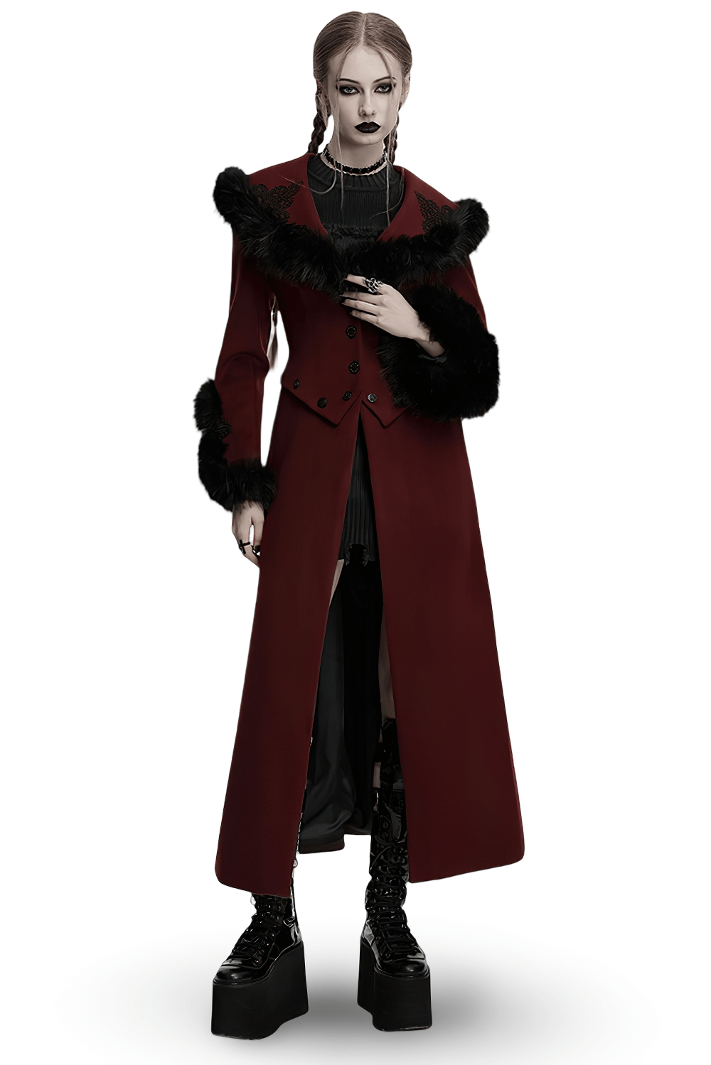 Elegant red gothic coat with fur collar and detachable hem, styled with U-shaped cuffs and a perfect fit.
