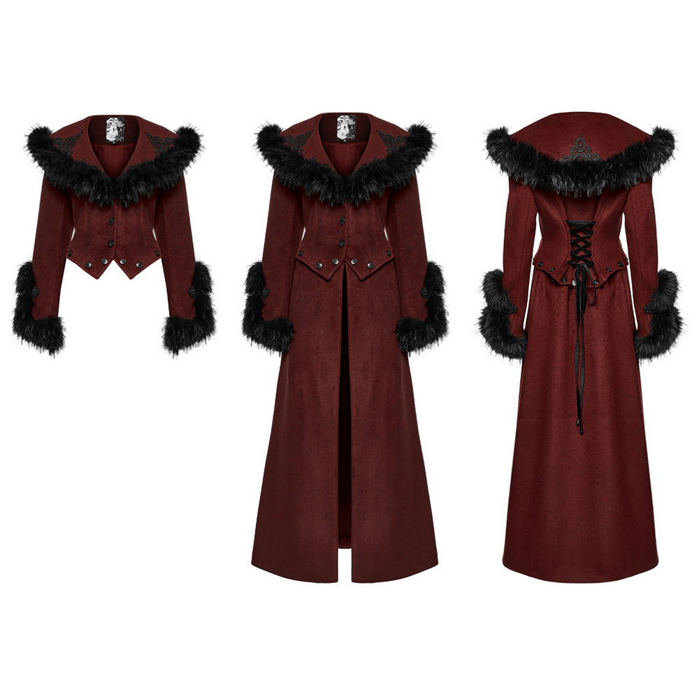 Elegant Gothic two-piece coat in red with detachable hem and luxurious fur collar, front and back view.