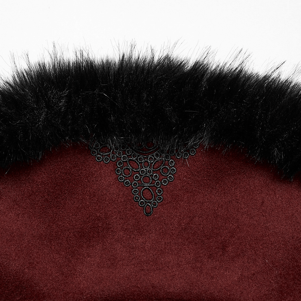 Close-up of the luxurious black fur collar on a red gothic coat with intricate lace detail.