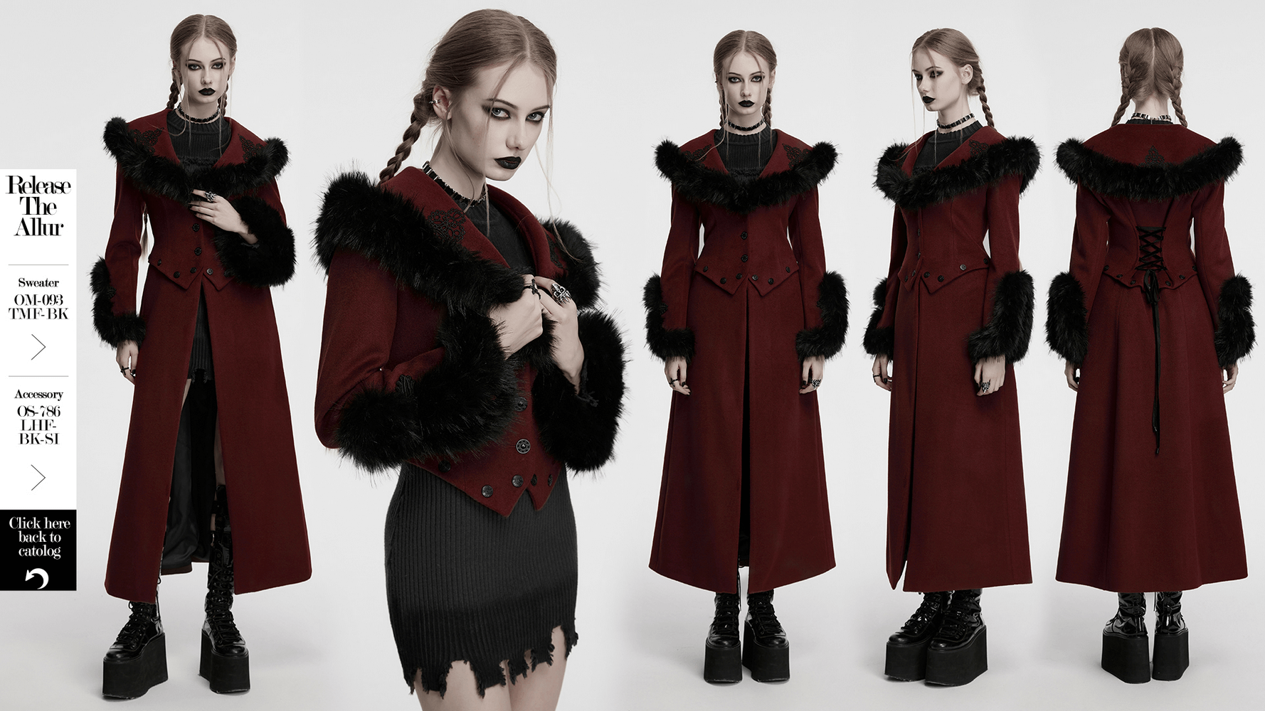 Elegant red gothic two-piece coat with detachable hem and fur collar, showcasing adjustable fit and retro details.
