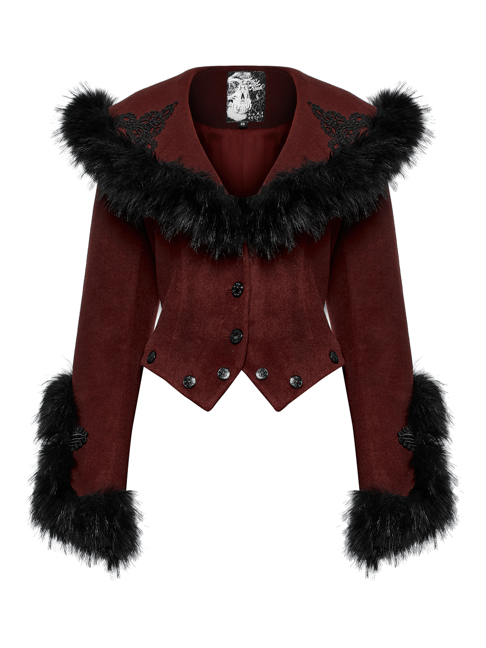 Elegant red gothic coat with detachable fur collar and ornate details, perfect for a vintage-inspired look.