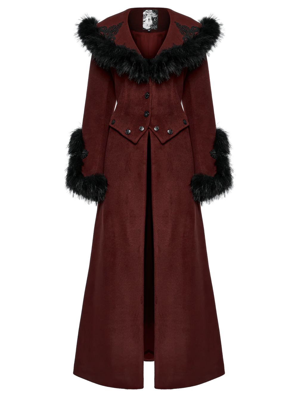 Elegant red gothic two-piece coat with detachable hem and luxurious fur collar.