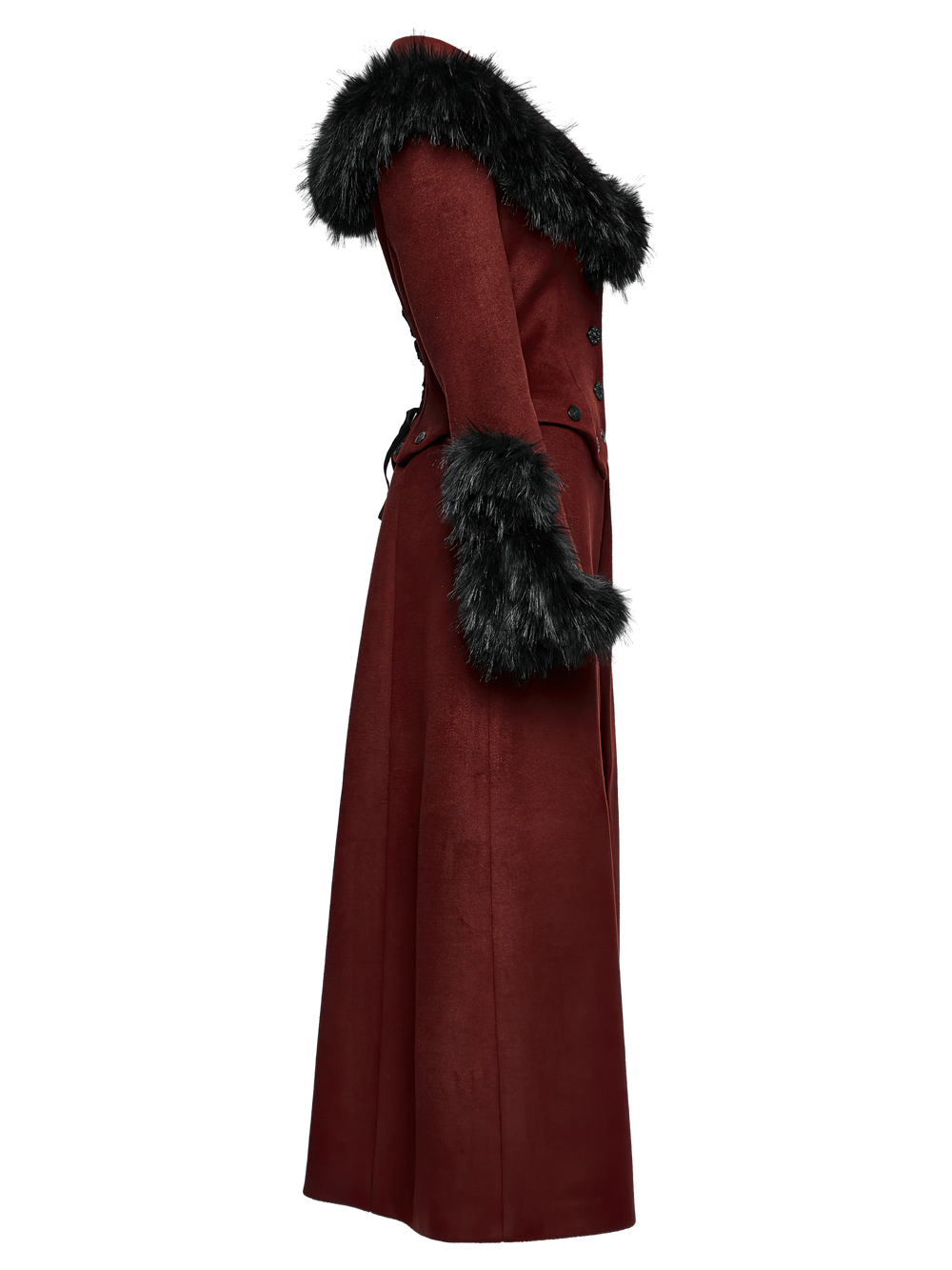 Elegant gothic two-piece coat in red with detachable fur collar and stylish U-shaped cuffs.