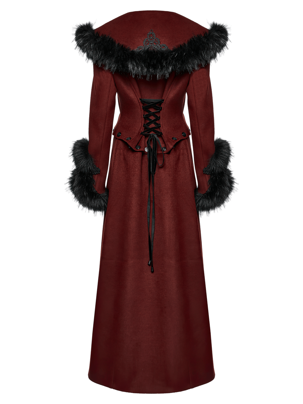 Elegant red gothic two-piece coat with detachable fur collar and adjustable waist, showcasing intricate detailing.