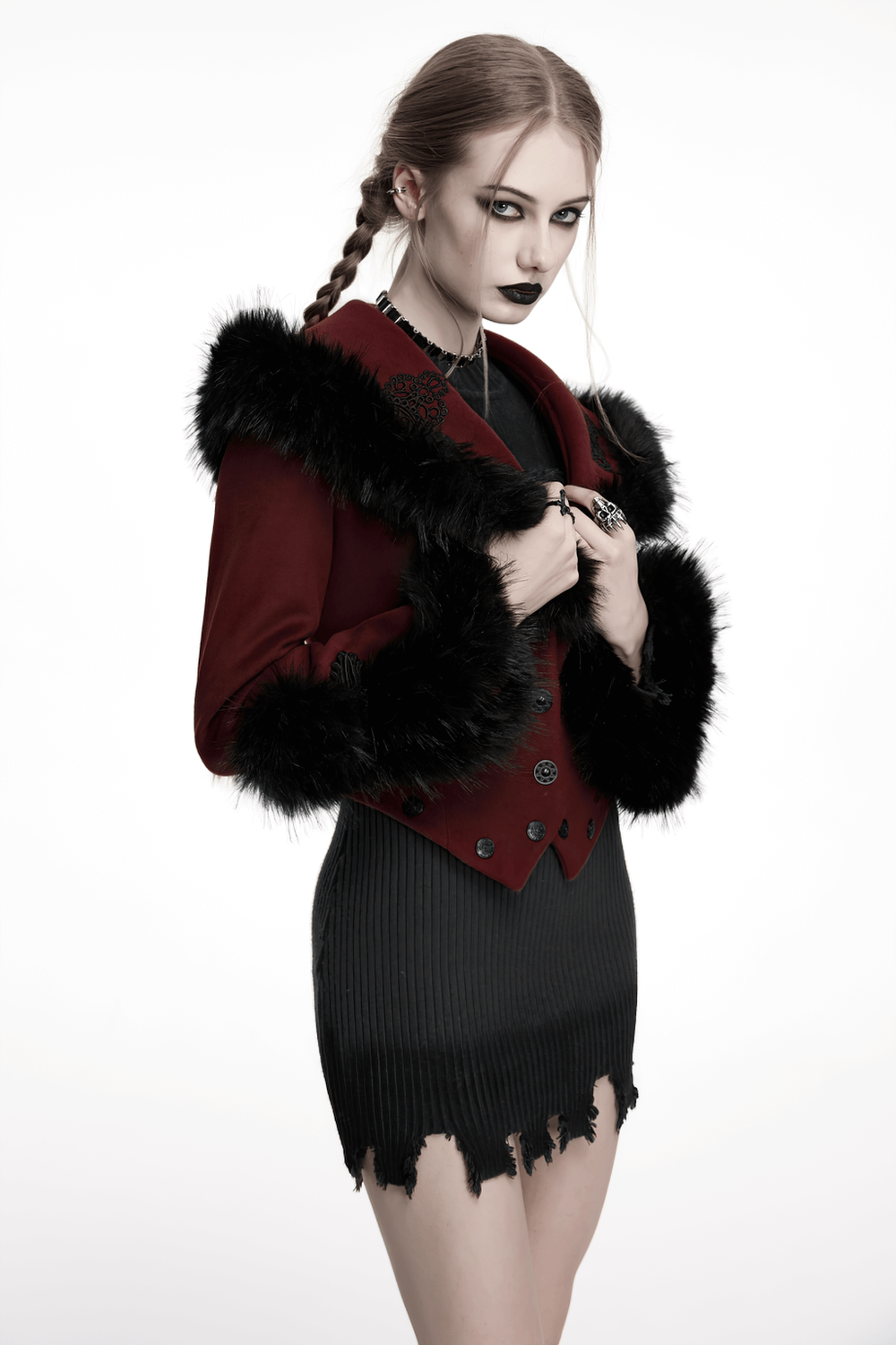 Elegant gothic two-piece coat with detachable hem and fur collar, styled in red with intricate details.
