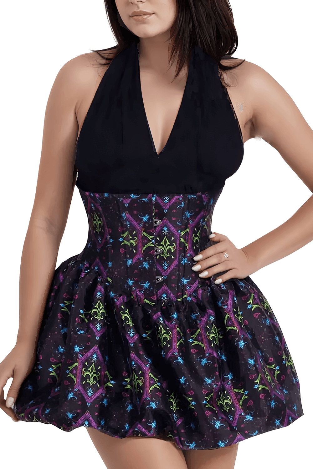 Neon Gothic underbust corset dress with bubble skirt, floral and stripe pattern, halter-style lace bodice.