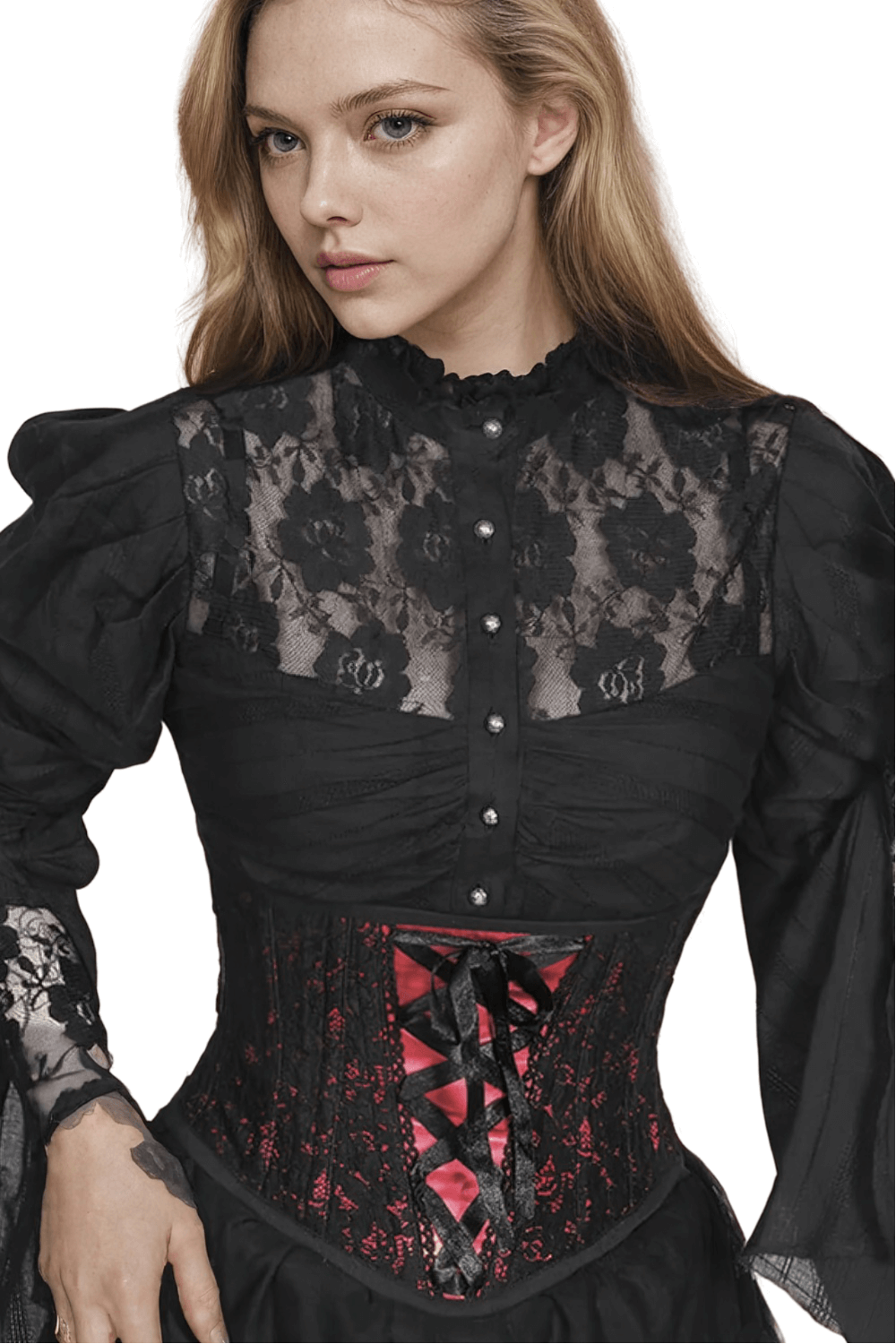 Gothic underbust corset in red satin with black lace overlay, styled with Victorian-inspired blouse.