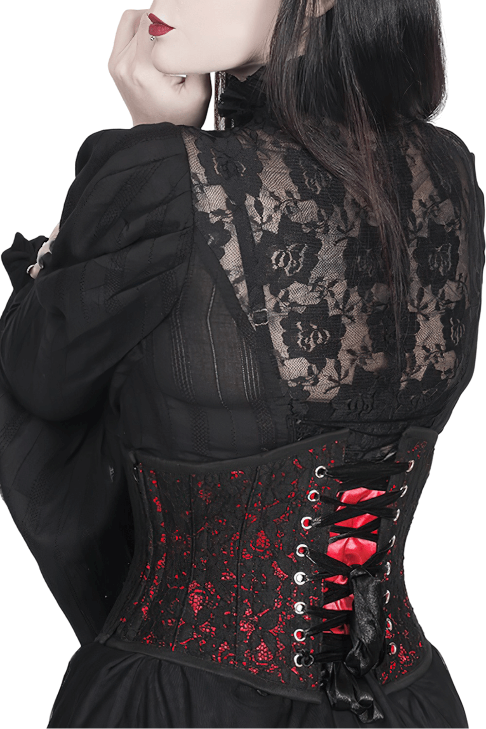 Gothic underbust corset with black lace and red satin accents, showcasing a lace-up back and waist training design.