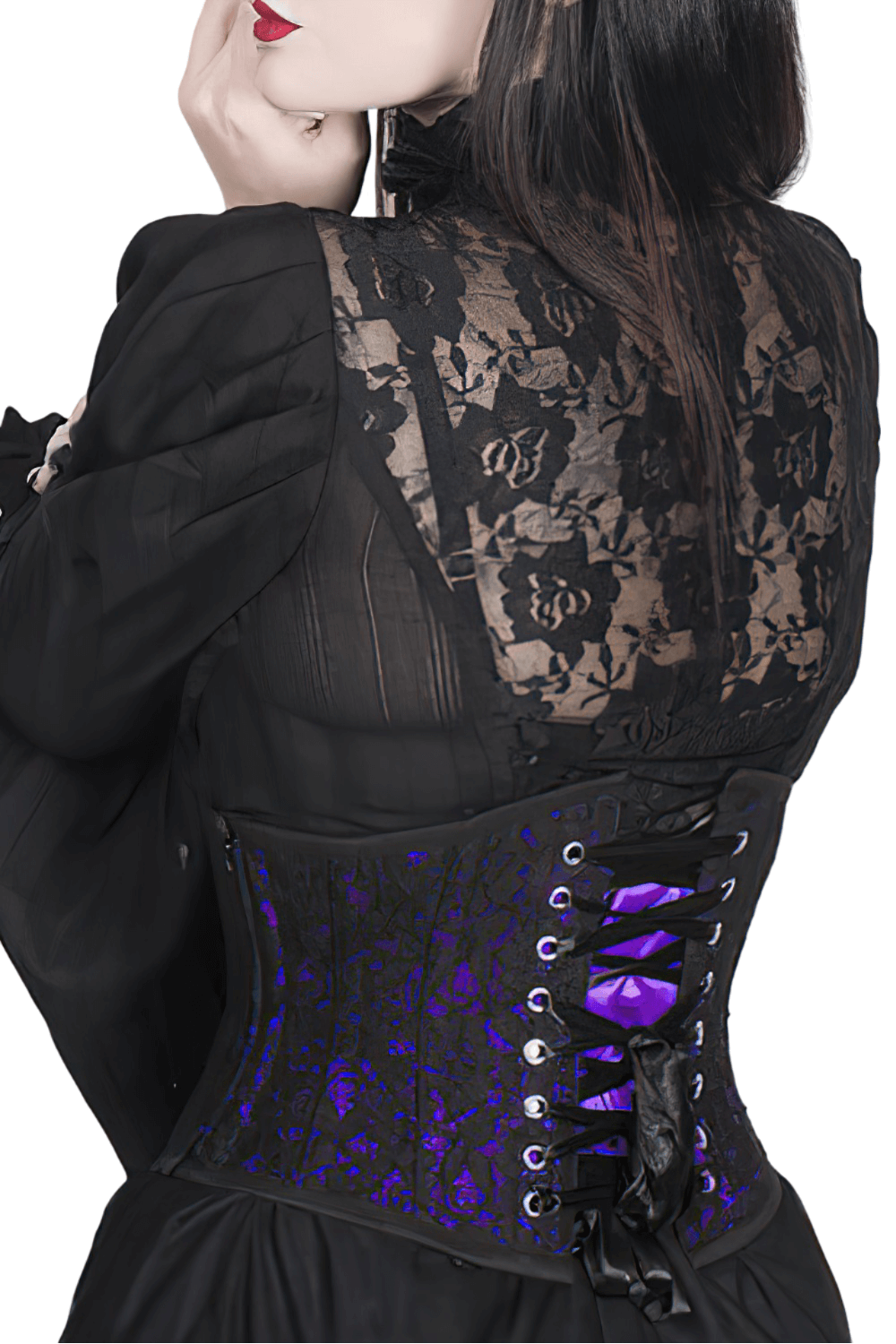 Elegant Gothic underbust corset with purple satin and black lace overlay, showcasing intricate back lacing detail.