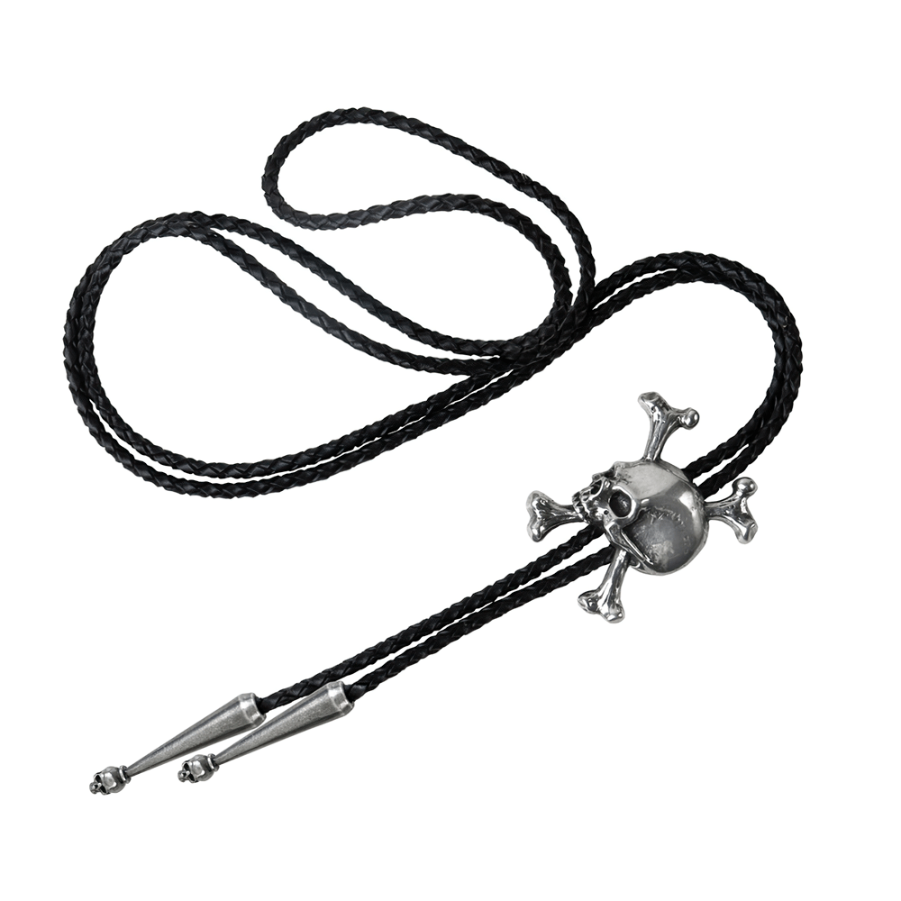 Gothic Unforgiven Skull Pendant with Crossbones on braided black leather, featuring pewter skull and crossbones clasp.