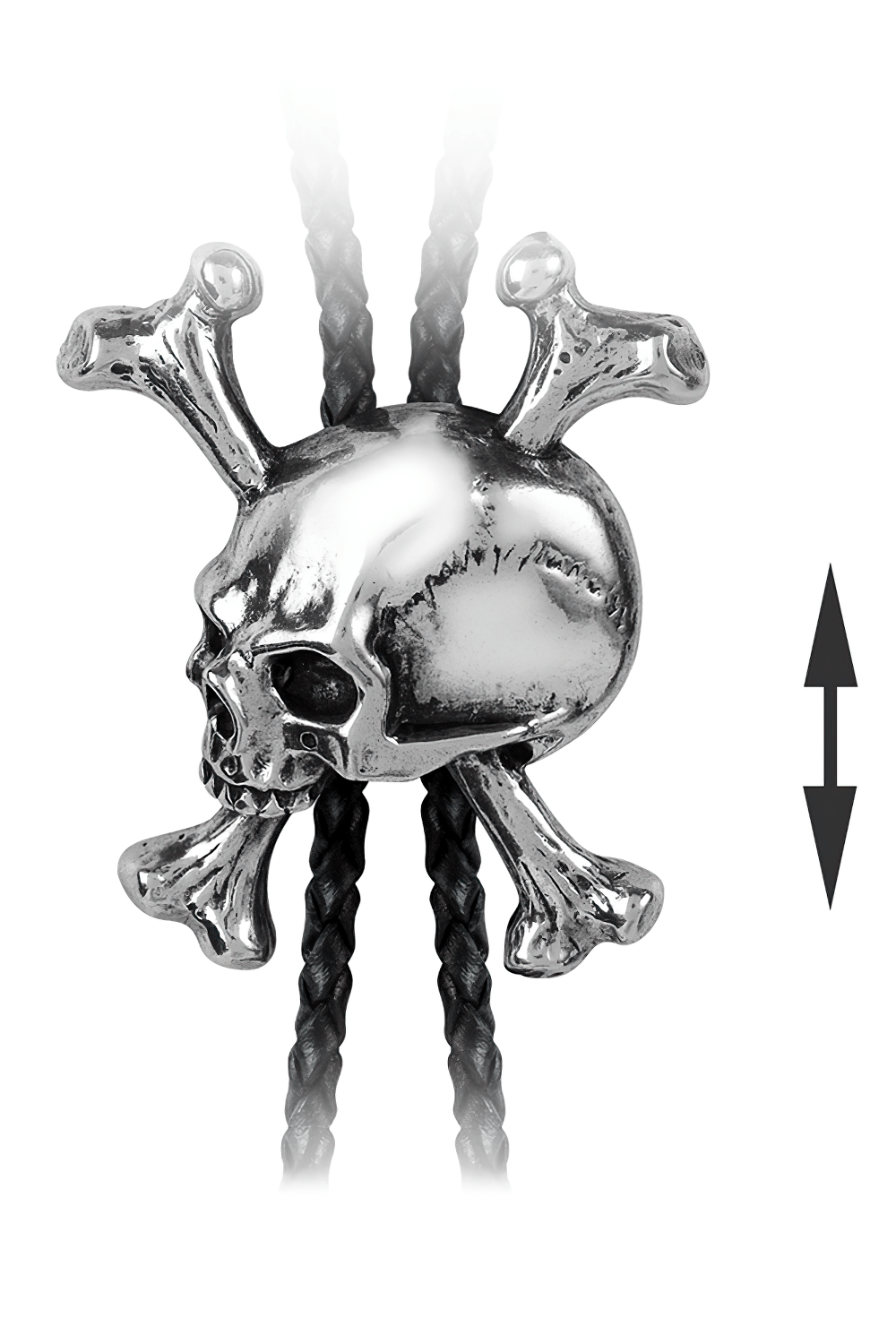 Gothic Unforgiven Skull Pendant with Crossbones featuring polished pewter skull and black leather tie.