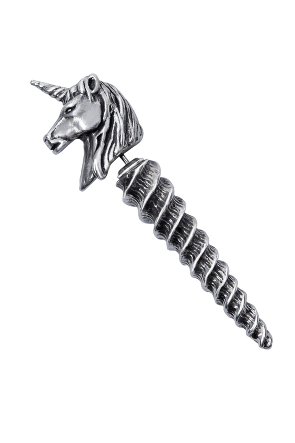 Gothic Unicorn Head and Horn Faux Stretcher Earring in twisted pewter design, showcasing a sculpted unicorn head.