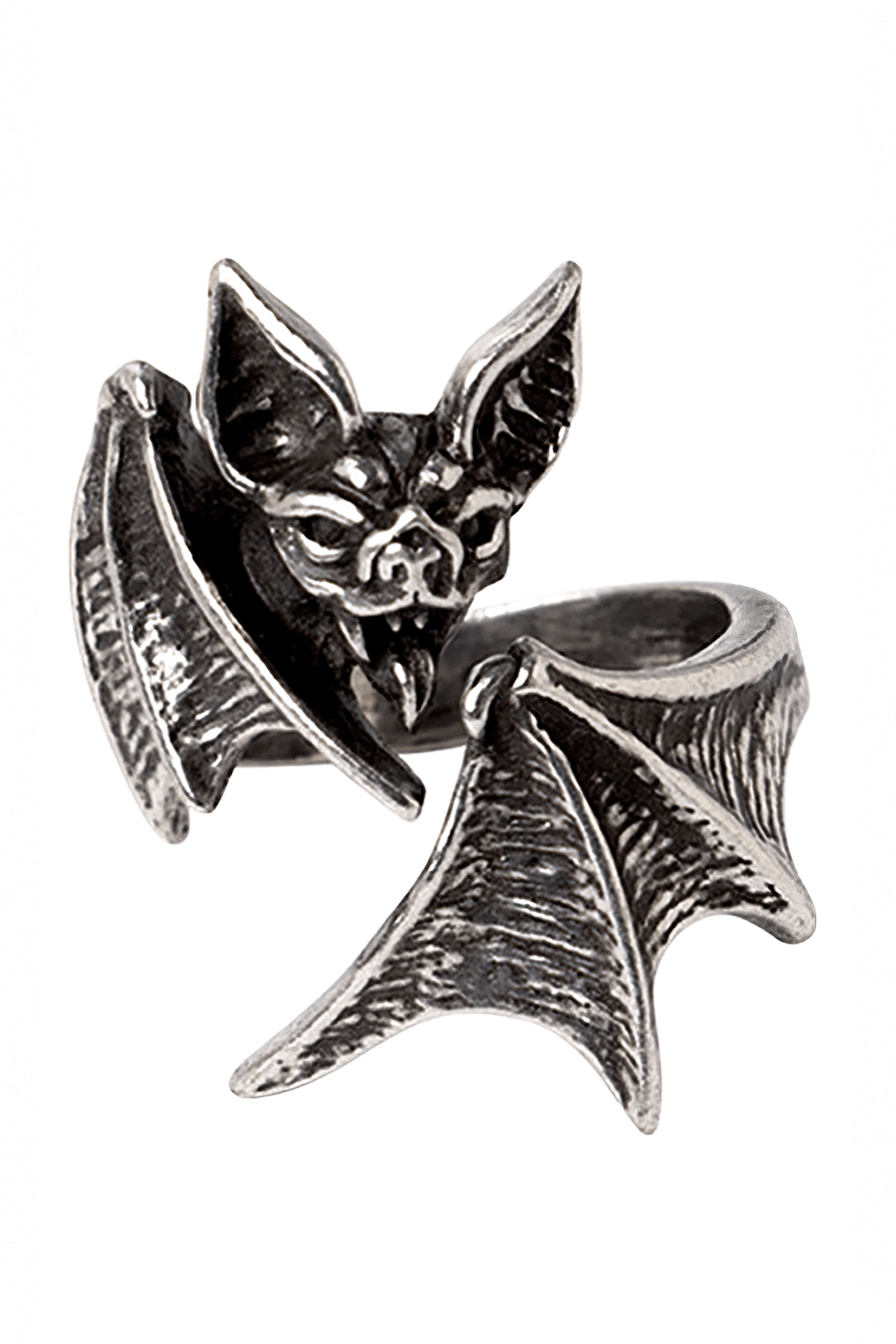 Gothic unisex Nighthawk bat ring in antiqued pewter with detailed wing design.