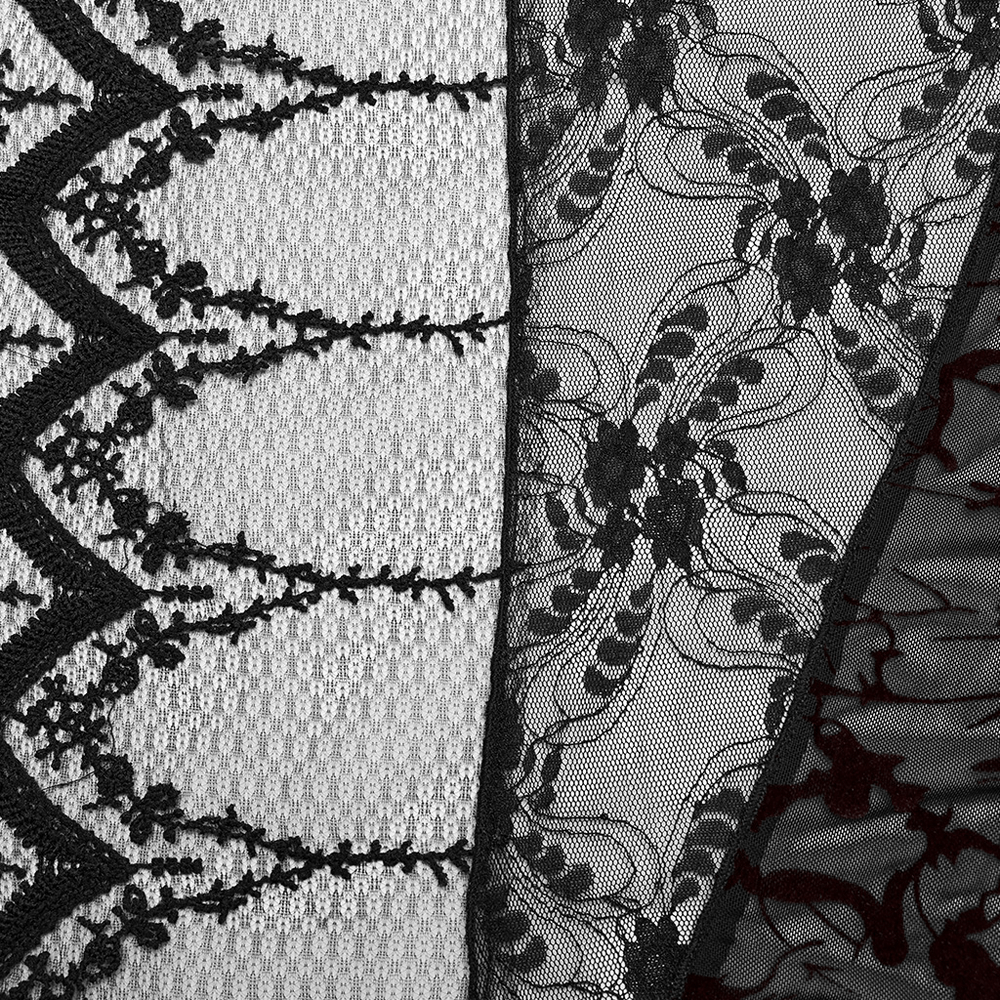 Close-up of Gothic lace fabrics featuring intricate black lace patterns on a textured background.