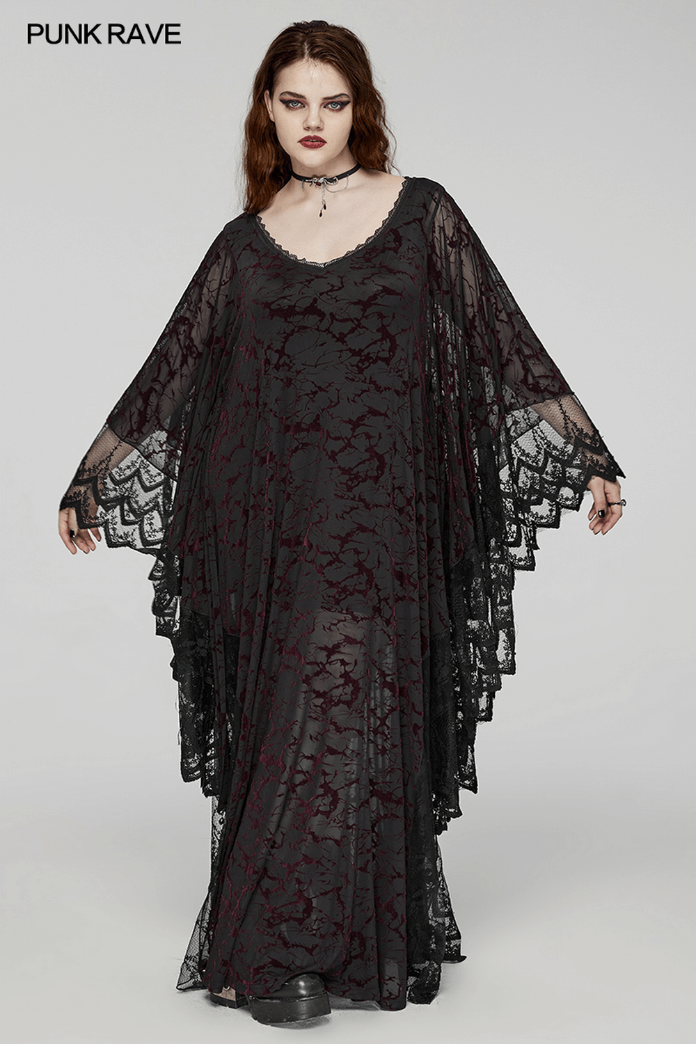 Gothic V-neck black maxi dress with lace overlay, showcasing elegant water droplet waistband detail.