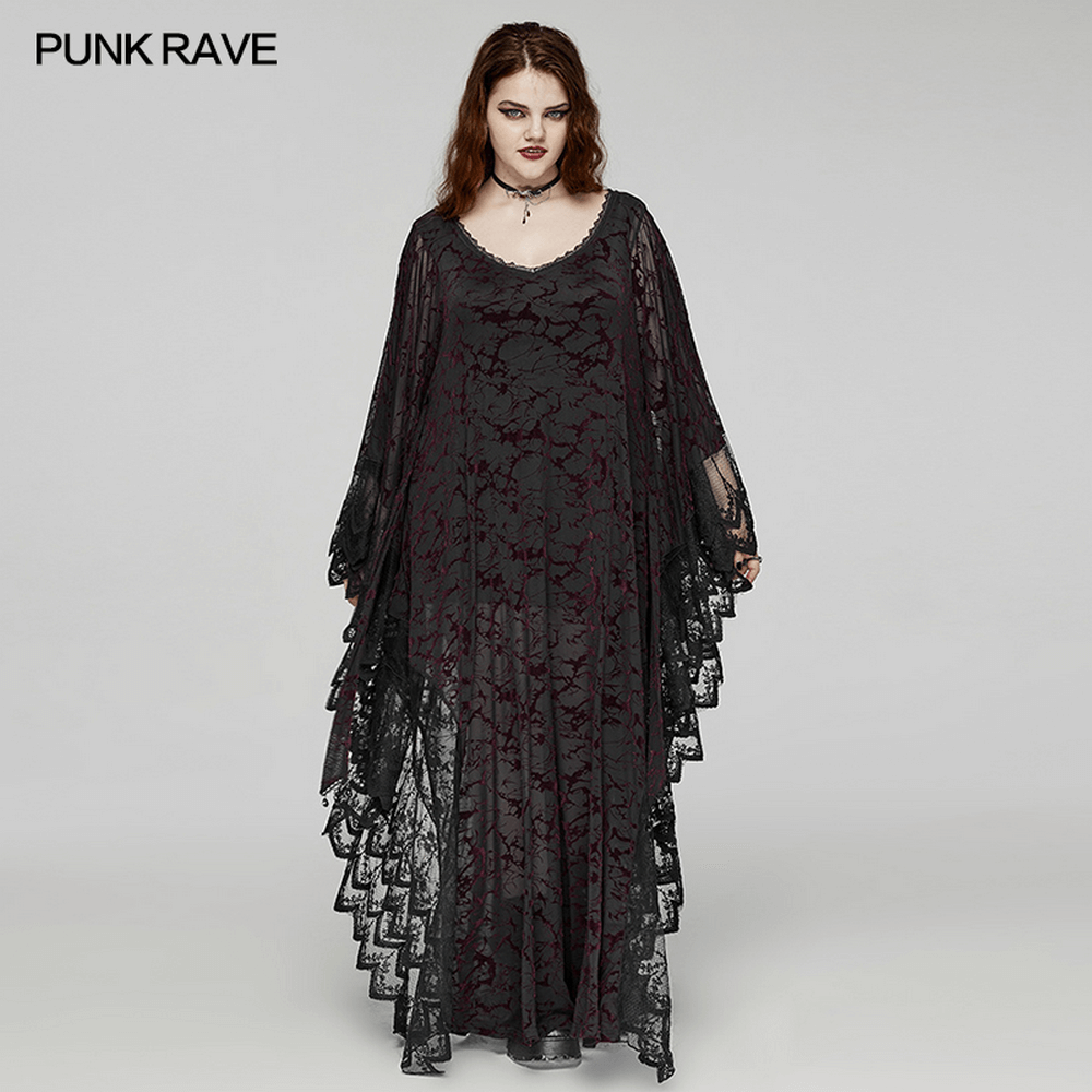 Gothic V-neck black maxi dress with lace sleeves, showcasing a dramatic style perfect for a gothic aesthetic.