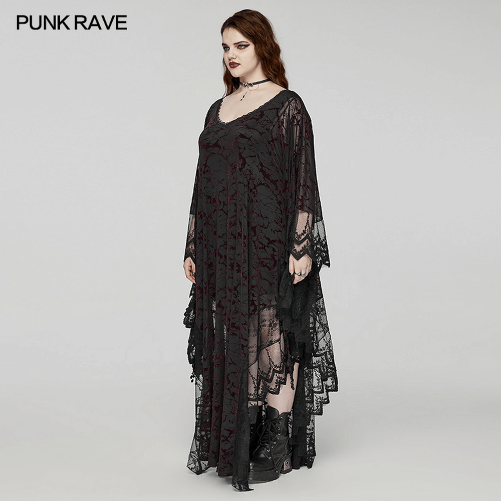 Gothic V-neck black maxi dress with lace overlay and water droplet waistband, perfect for a dramatic style.