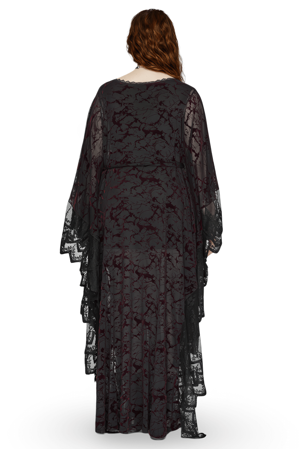 Back view of a Gothic V-neck black maxi dress with lace detailing and flowing sleeves, showcasing elegant design.