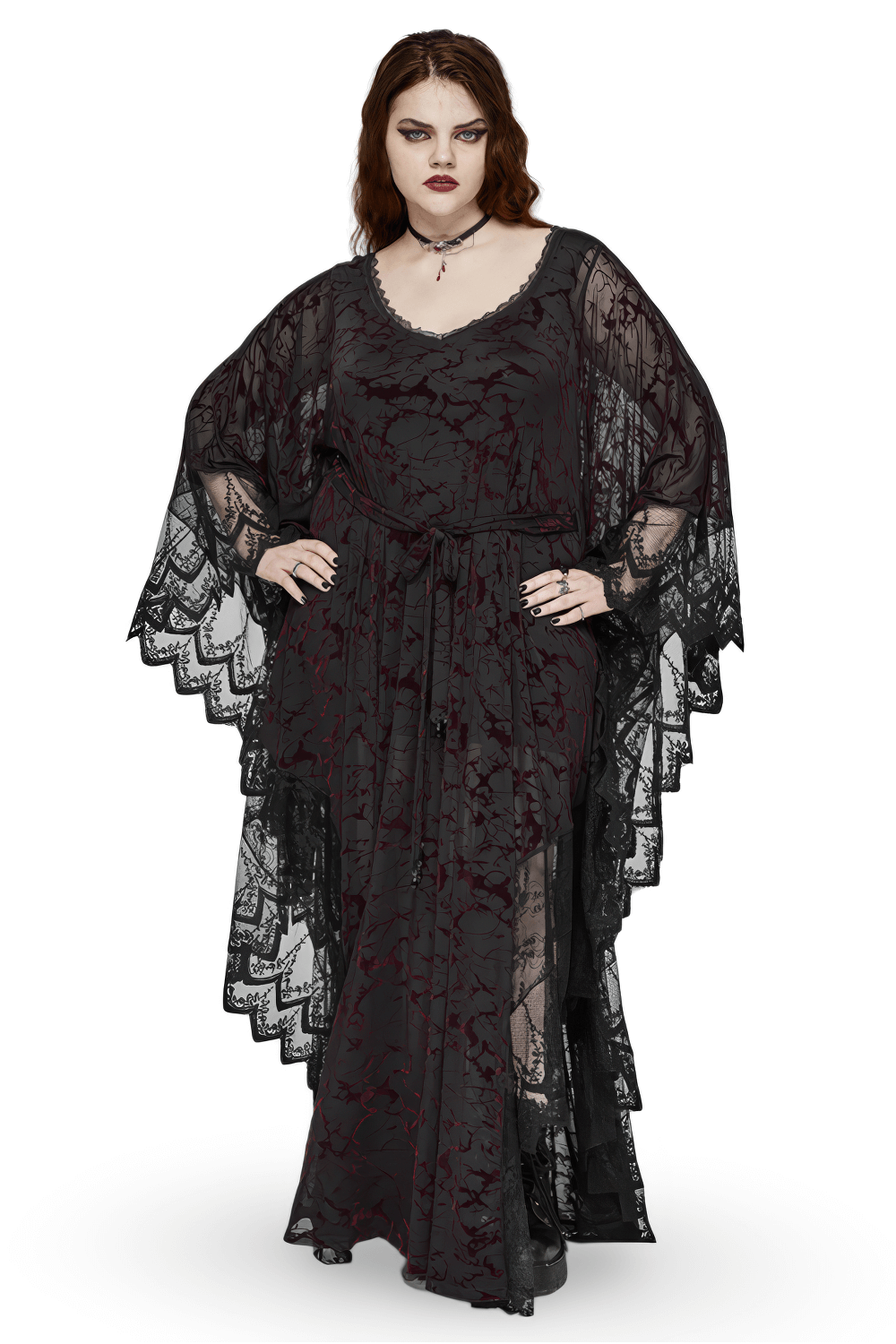 Gothic V-neck black maxi dress for women, featuring lace details and a stylish waistband with water droplet pendants.