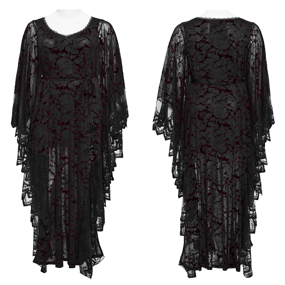Gothic V-neck black maxi dress with lace detailing and dramatic cape sleeves for women.