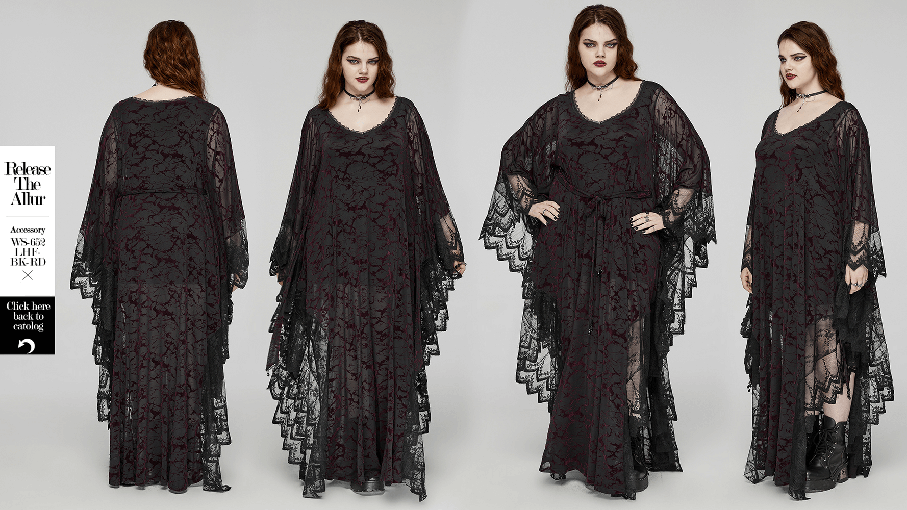 Gothic V-neck black maxi dress with water droplet waistband, featuring lace details and dramatic flowing design.