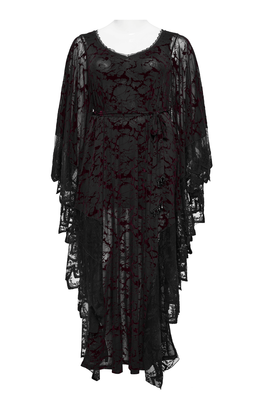 Gothic V-neck black maxi dress with lace detailing and flowing sleeves, perfect for dramatic Gothic fashion.
