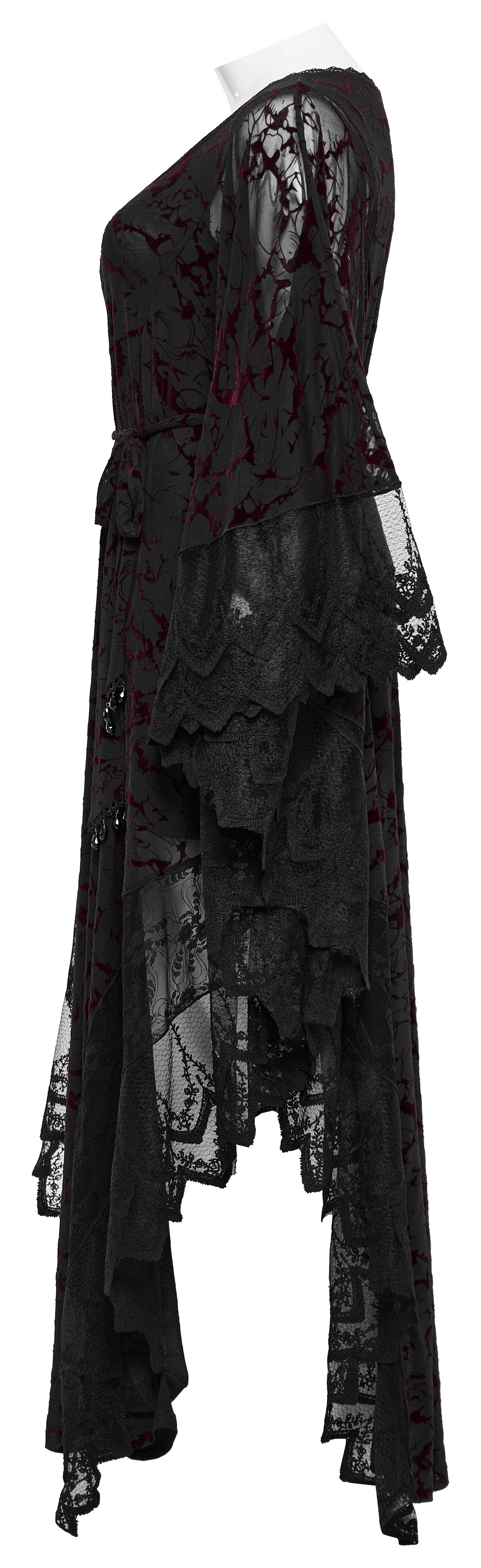 Gothic V-neck black maxi dress with lace details and water droplet waistband, showcasing a dramatic silhouette.