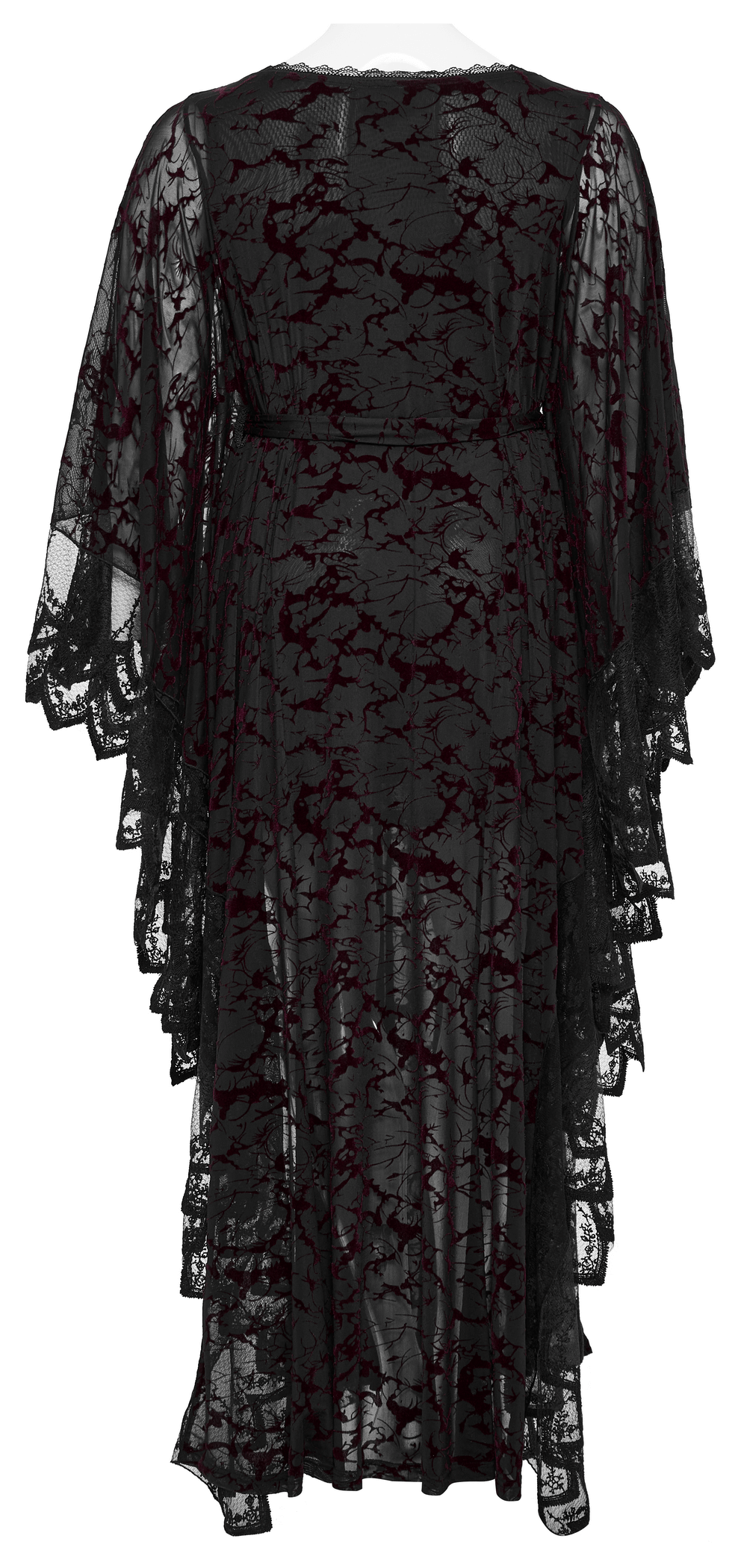 Gothic black lace maxi dress back view showcasing flowing design and detailed lace embellishments.