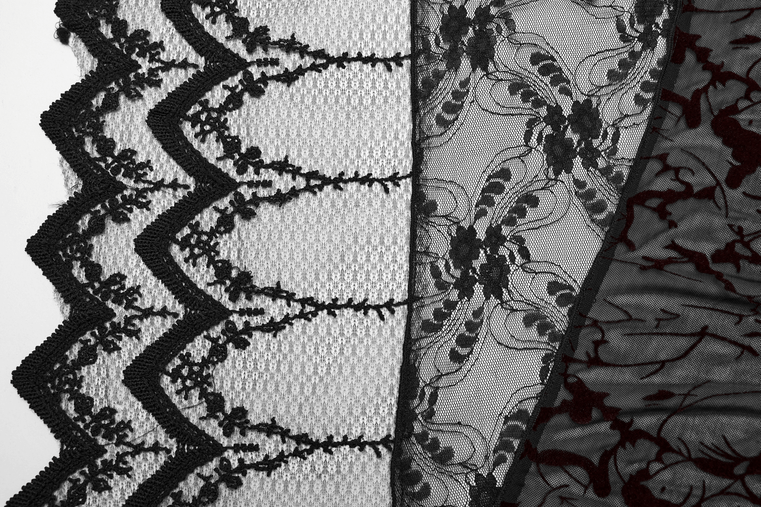 Variety of Gothic lace fabrics in black, featuring intricate patterns and textures for fashion design inspiration.