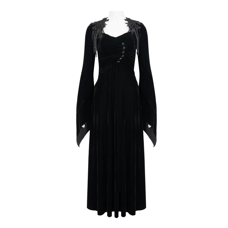 Gothic V-Neck Velvet Long Sleeve Dress / Elegant Lace Applique Long Dress with Buttons - HARD'N'HEAVY