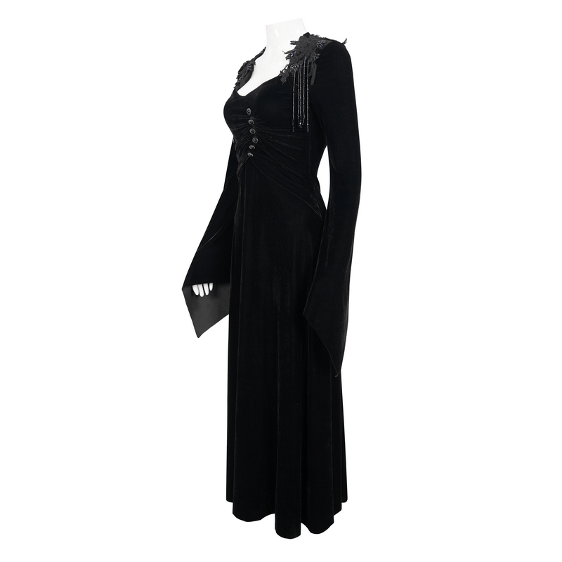 Gothic V-Neck Black Velvet Long Sleeve Dress with Elegant Lace Applique and Buttons.