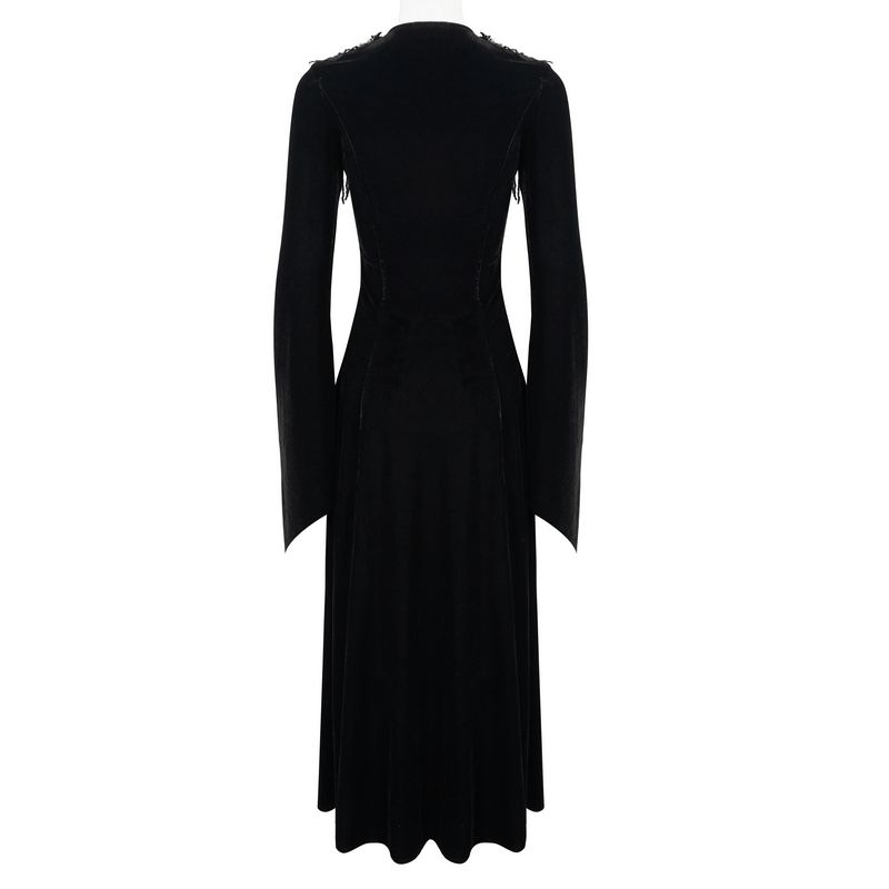 Gothic velvet long sleeve black dress with V-neckline and elegant buttons, perfect for a vintage-inspired look.