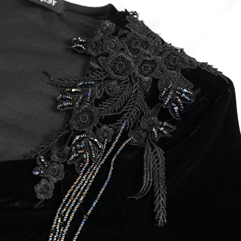 Elegant Gothic black velvet dress with intricate lace detailing and bead embellishments, perfect for a vintage-inspired look.