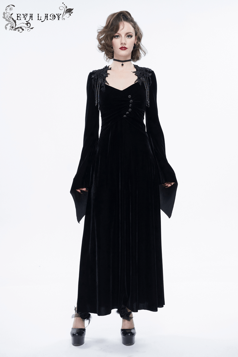 Gothic V-neck black velvet long sleeve dress with buttons, elegant vintage style for women.